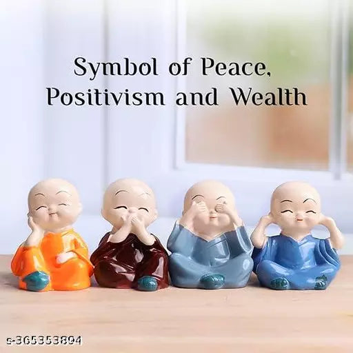 Buddha Monk Cute Mini Buddha Statue Showpiece for Car Dashboard Table Top Home Decoration Pack of-4