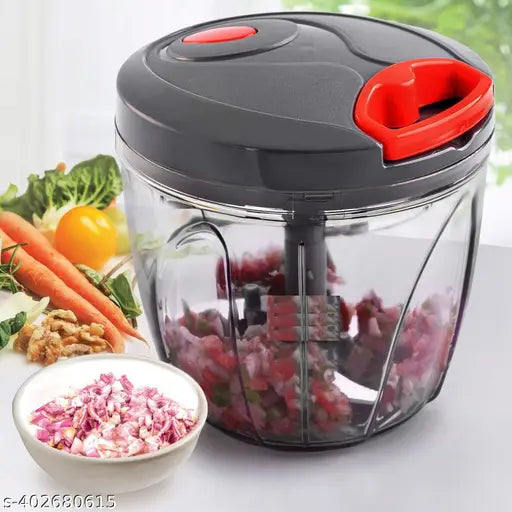 Manual Push Or Press Fruit & Vegetable Chopper, with 3 Stainless Steel Blades, 1 Whisker, Anti-Slip Base, and Locking System, 1000 ml