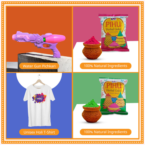 Holi Celebration Combo Kit – Premium Pichkari, Herbal Gulal & Unisex T-Shirt