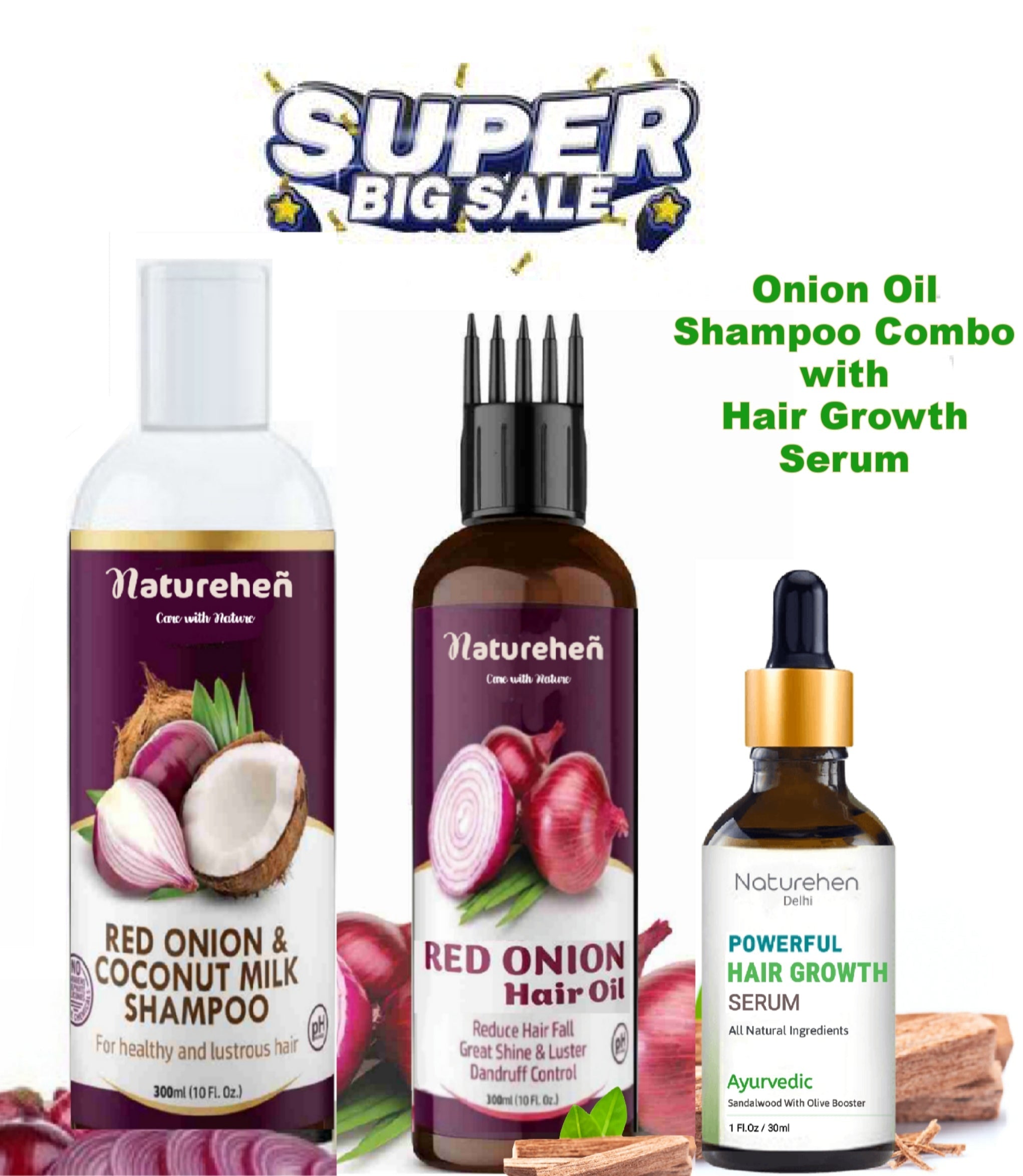 Naturehen Red Onion Oil & Shampoo Combo With Powerful Hair Growth Serum ( Hair Oil  100ml+ Shampoo 200ml + Hair Serum 30ml ) 1 Month Kit with Combo applicator