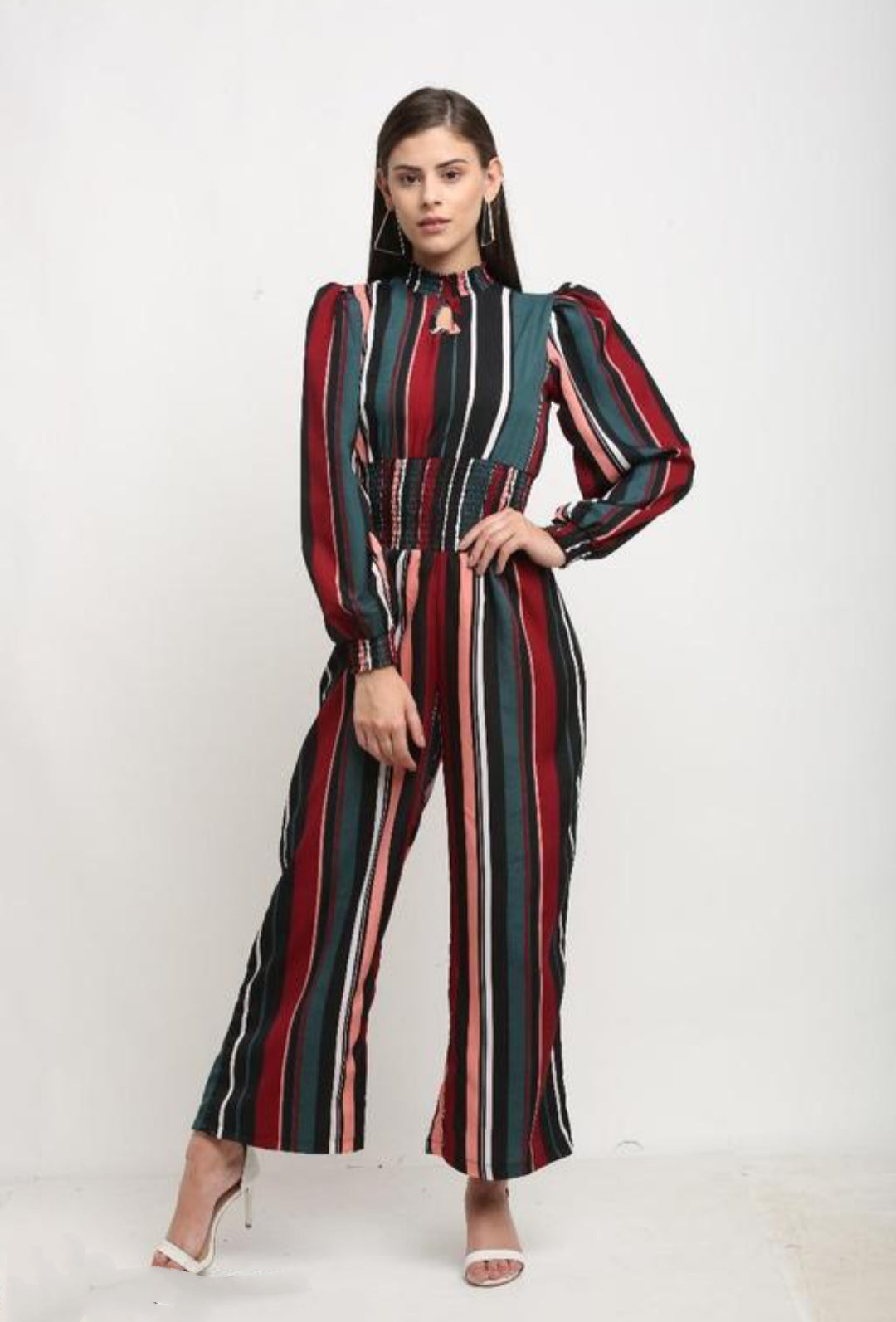 Partywear Elegant Smoking Jumpsuit With Keyhole Neck & full Puff Sleeves