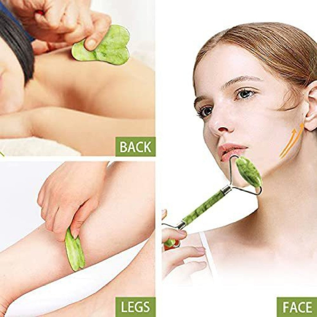 3D Manual Roller Face Body Massager With And Anti Aging 100% Natural Jade Stone Roller Msagger With Gua Sha Tools for Face and Body Massager