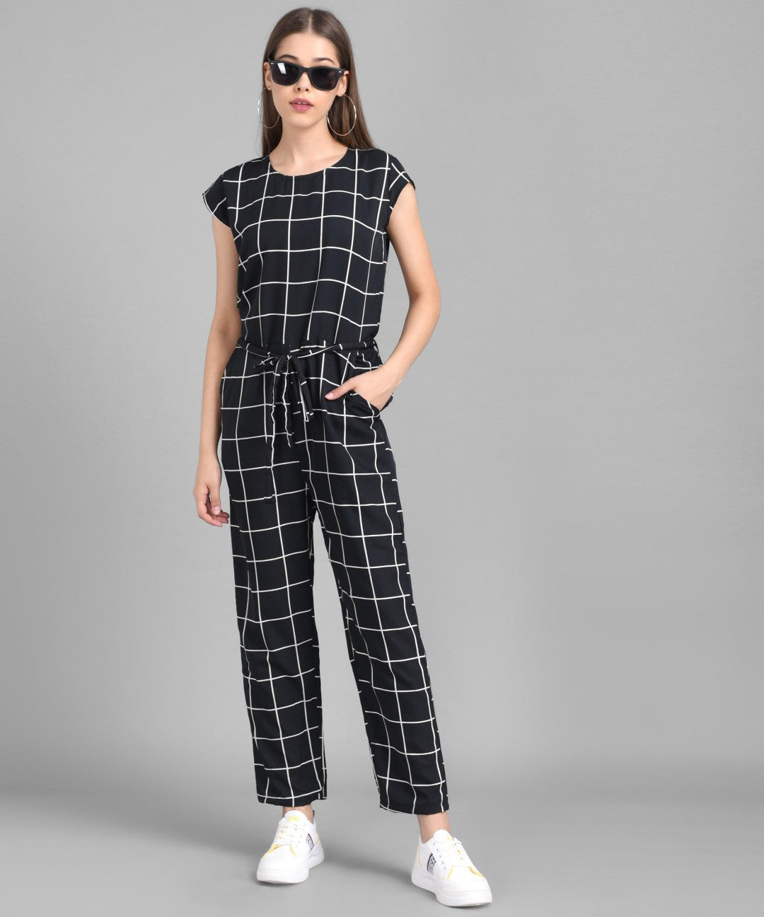 Women's Black Check Applique Crepe jumpsuit⭐