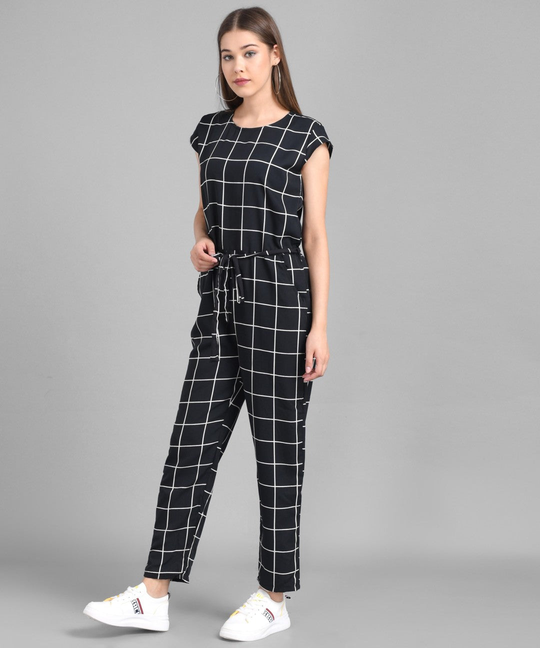 Women's Black Check Applique Crepe jumpsuit⭐