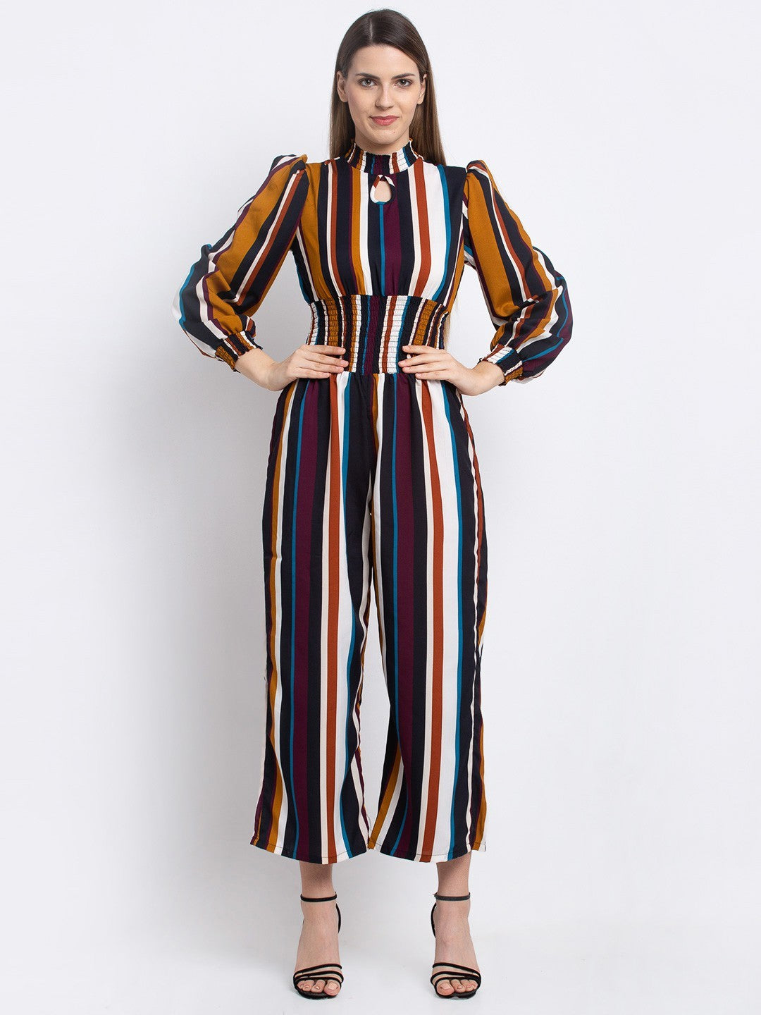 Partywear Elegant Smoking Jumpsuit With Keyhole Neck & full Puff Sleeves