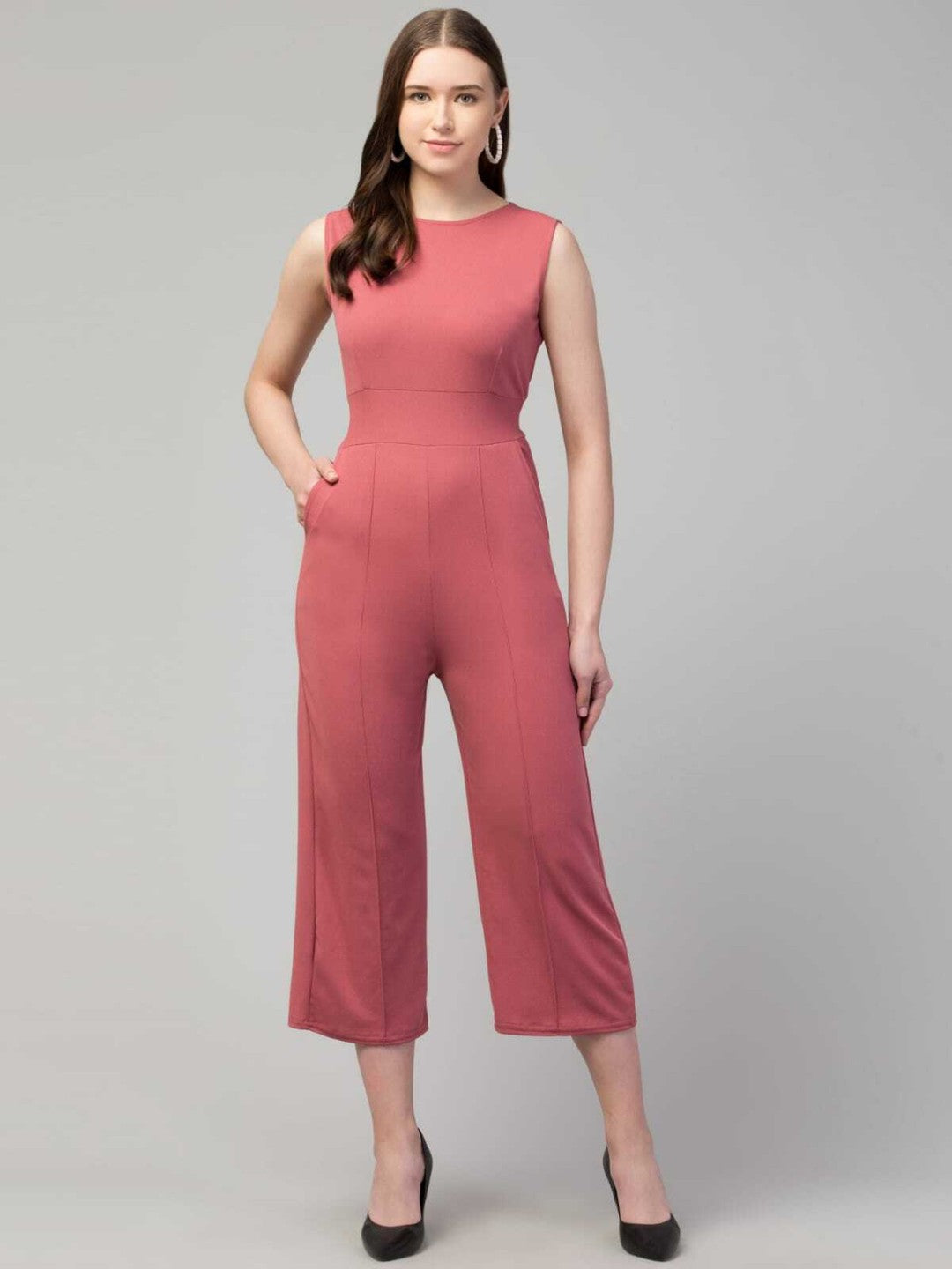 Trendy Designer Women round Neck Sleeveless Solid Pleated Regular Jumpsuit Women's | Girls